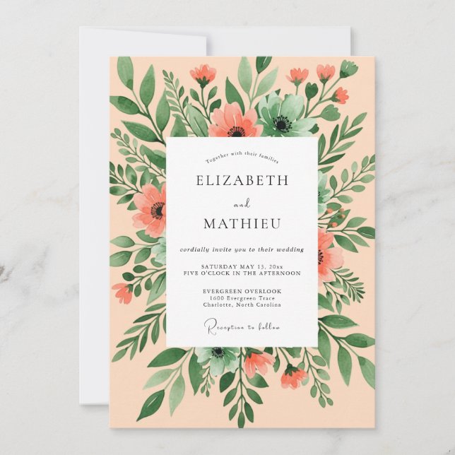 Convite Peach Breezy Watercolor Wedding (Frente)