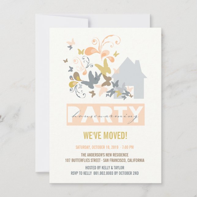 Convite Peach Butterflies Burst House Warming Party (Frente)