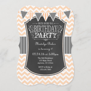 Convite Peach Chalkboard Chevron Birthday Invite