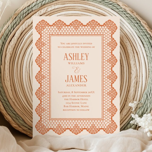 Convite Peach Chantilly Lace Border All in One Wedding (Criador carregado)