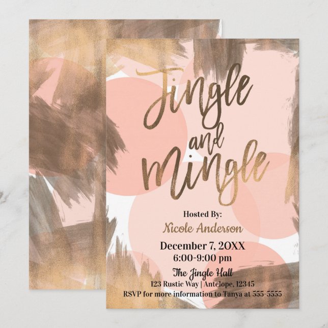 Convite Peach Copper Bronze Modern Jingle & Mingle Party (Frente/Verso)