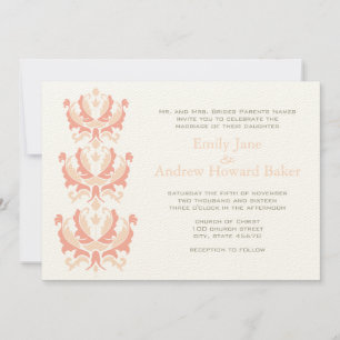 Convite Peach Coral and Mushroom Damask Wedding Invitation