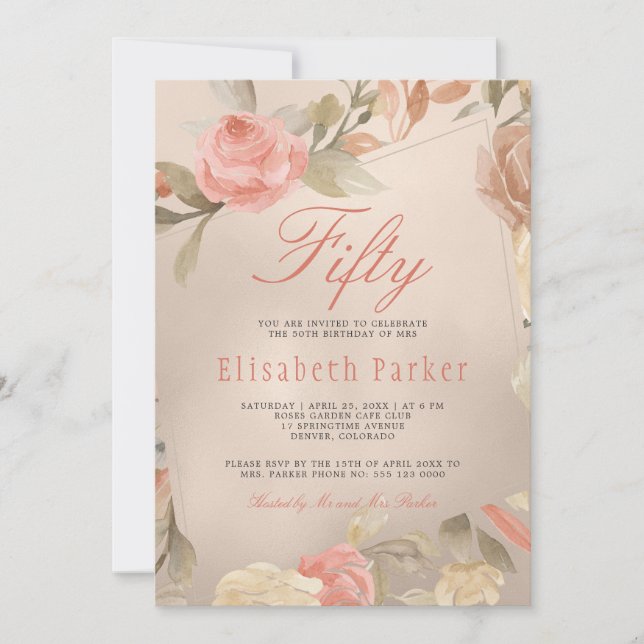 Convite Peach Coral Floral 50ª Festa de aniversário Dourad (Frente)