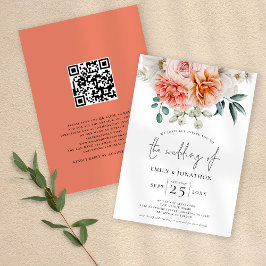 Convite Peach Coral Peonies Florals Código QR Casamento