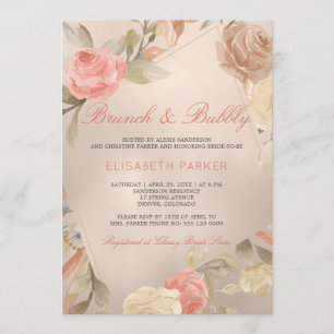 Convite Peach Cream Faux Gold Foil Floral Brunand Bubble