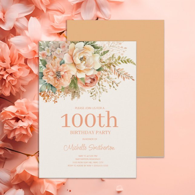 Convite Peach Cream Floral 100º Aniversário (Elegant peach and cream-colored 100th birthday party invitation)