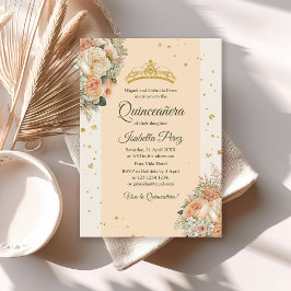 Convite Peach Cream Floral e Dourada Tiara Quinceanera