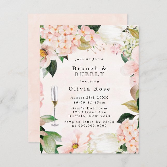 Convite Peach Cream Hydrangeas Brunch e Bubbles Invite (Frente/Verso)