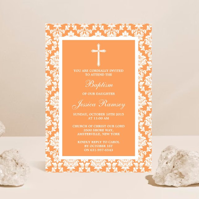 Convite Peach Damask Cross Baptism Ou Christening (Criador carregado)