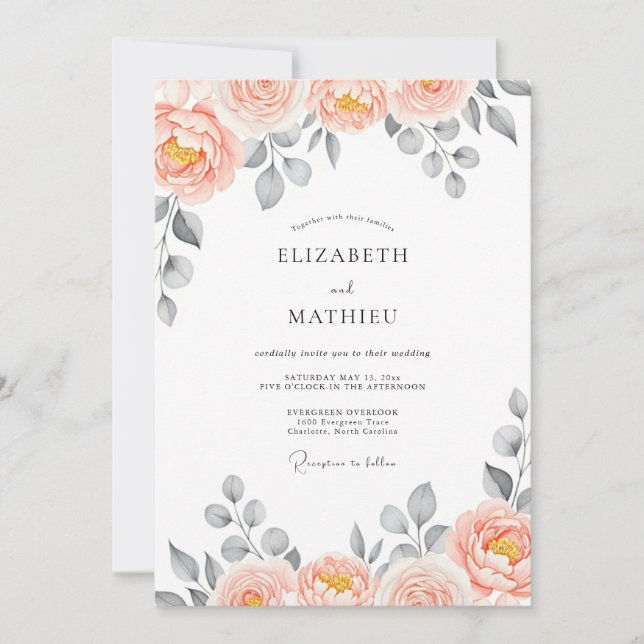 Convite Peach Delightful Watercolor Wedding (Frente)