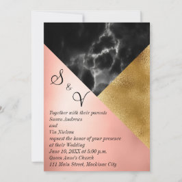 Convite Peach Dourado e Black Marble Geométrico