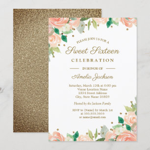 Convite Peach Dourado Glitter Floral Doce Dezesseis Convid