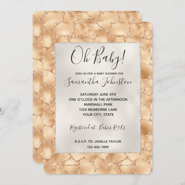 Convite Peach Dourado Glitter Glam Sparkle Giraffe Impress (Frente/Verso)