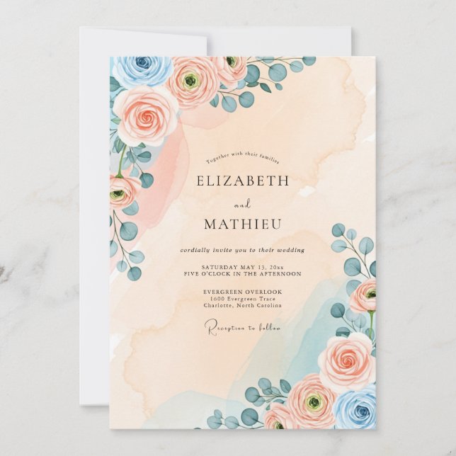 Convite Peach Dreamy Watercolor Wedding (Frente)