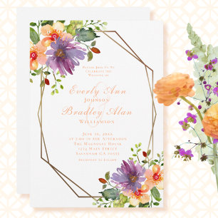 Convite Peach Dusty Purple Floral Sem Foto Casamento