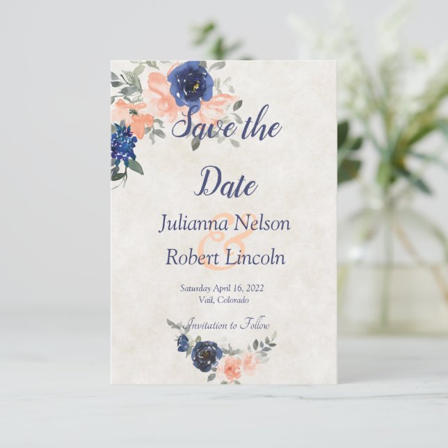 Convite Peach e azul aquarela floral salvar a data (Em pé/Frente)
