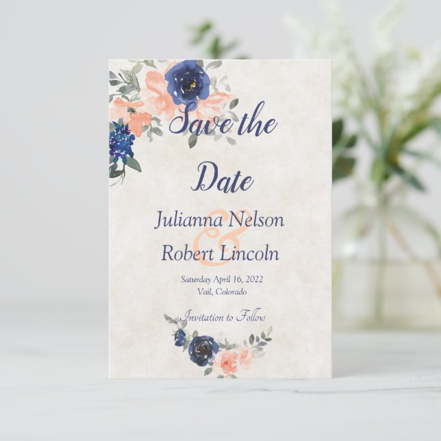 Convite Peach e azul aquarela floral salvar a data (Em pé/Frente)