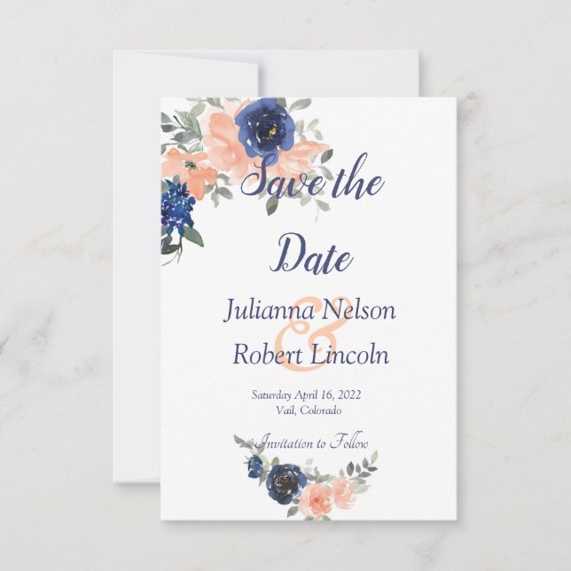 Convite Peach e azul aquarela floral salvar a data (Frente)