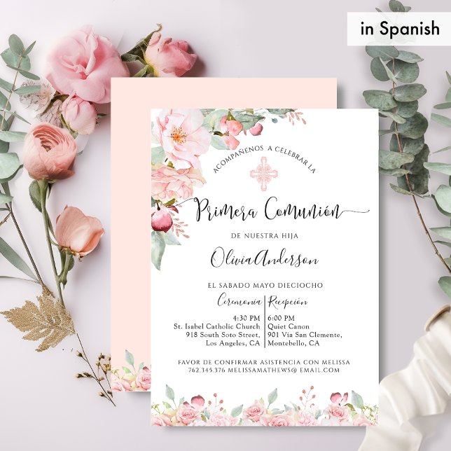 Convite Peach e Mint Floral da Primeira Comunhão Espanhol (Criador carregado)