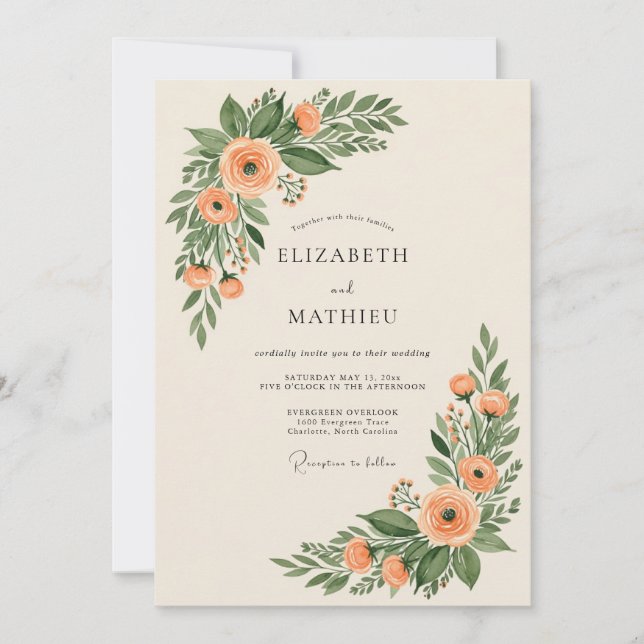 Convite Peach Enchanting Botanical Wedding (Frente)