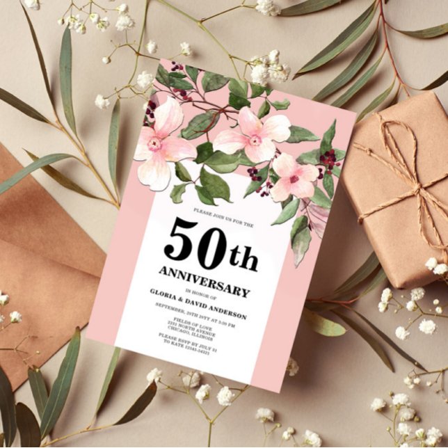 Convite Peach Floral 50th Wedding Anniversary Invitation (Criador carregado)