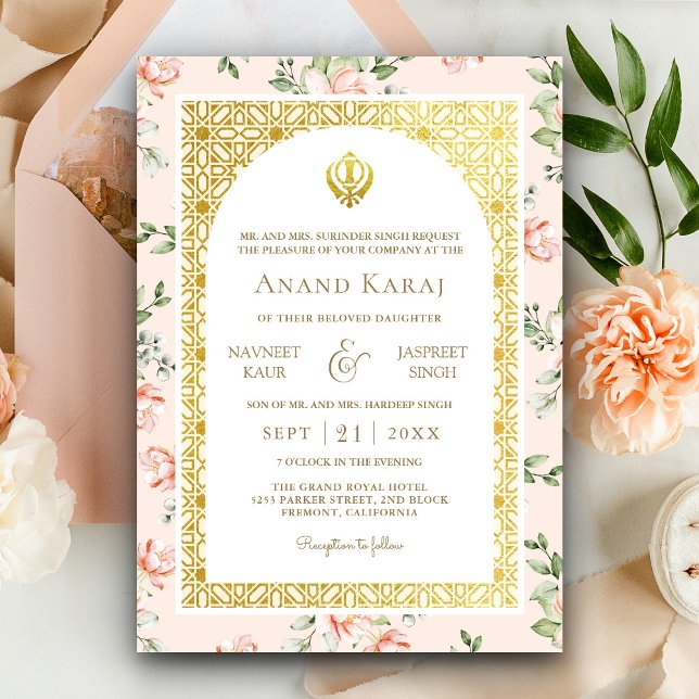 Convite Peach Floral Anand Karaj Punjabi Sikh Wedding (Criador carregado)