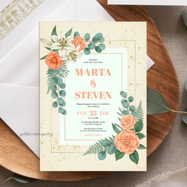 Convite Peach Floral and Eucalyptus Greenery Wedding (Peach Floral and Eucalyptus Greenery Wedding Invitation)