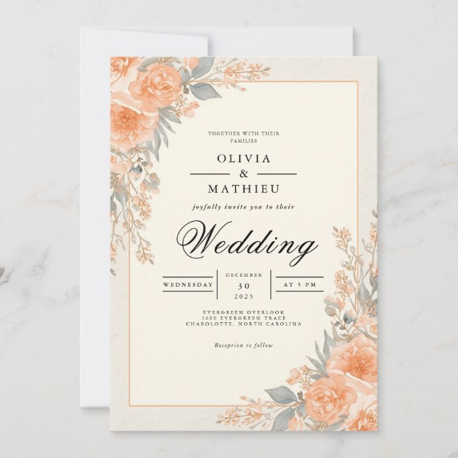 Convite Peach Floral Arch Flourish Weding (Frente)