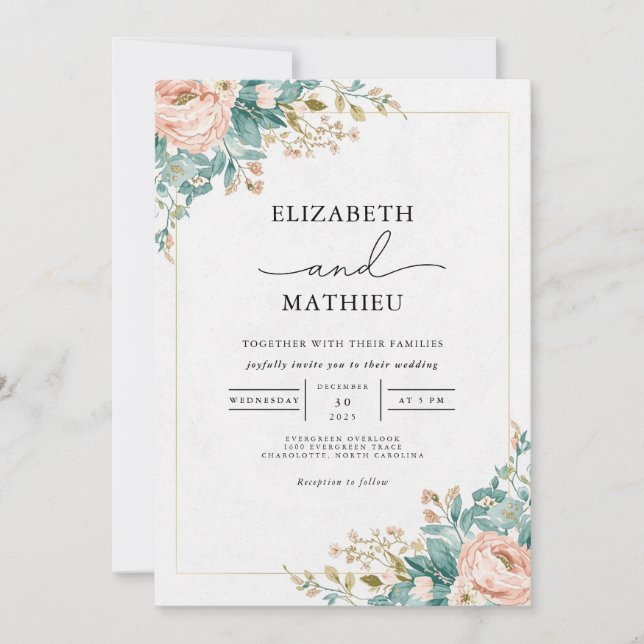 Convite Peach Floral Arch Wedding (Frente)