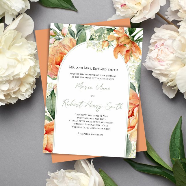 Convite Peach Floral Boho Arch de Casamento Elegante (beautiful peach floral wedding invitations. )