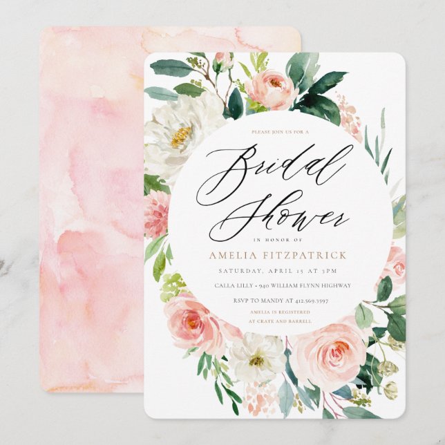 Convite Peach Floral Chá de panela (Frente/Verso)