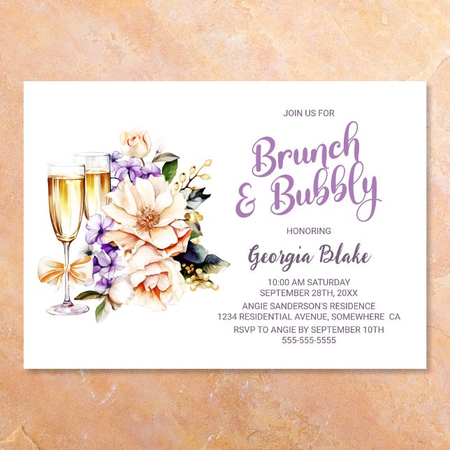 Convite Peach Floral Champagne Brunch e Bubble (Criador carregado)