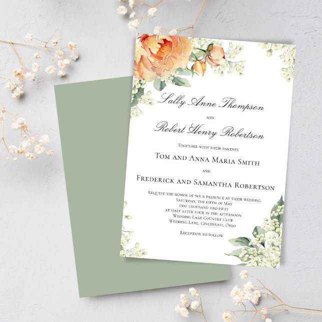 Convite Peach Floral Corner Greenery Script Elegant (Elegant peach floral wedding design displayed on mobile, perfect for modern sharing and stylish. )