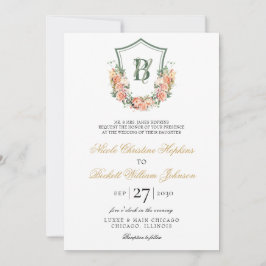 Convite Peach Floral Crest Wedding