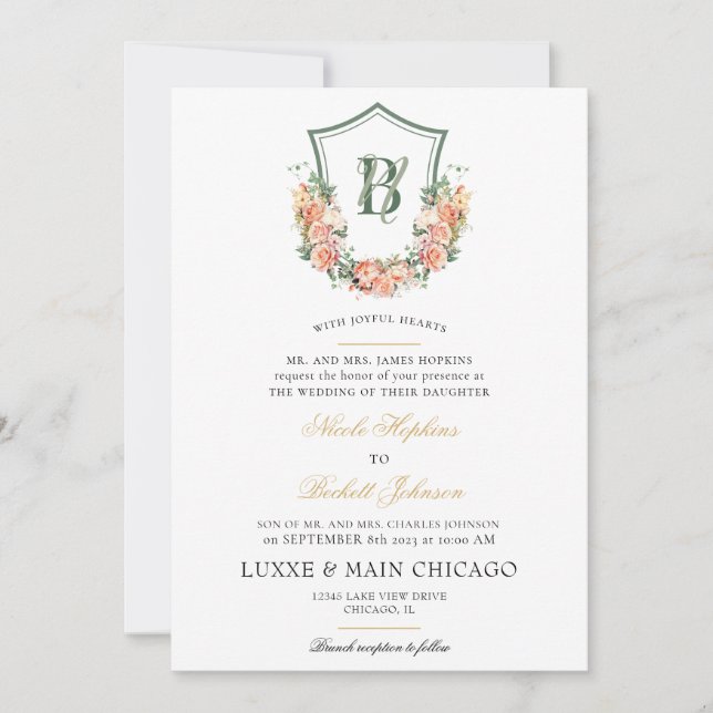 Convite Peach Floral Crest Wedding (Frente)