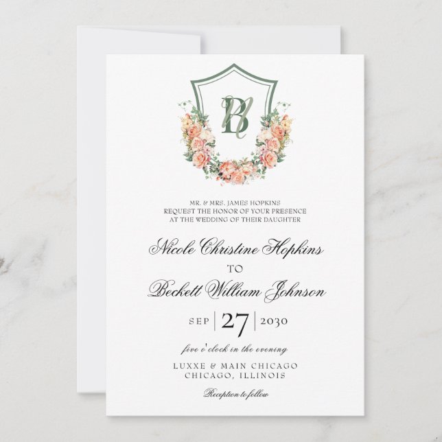 Convite Peach Floral Crest Wedding (Frente)