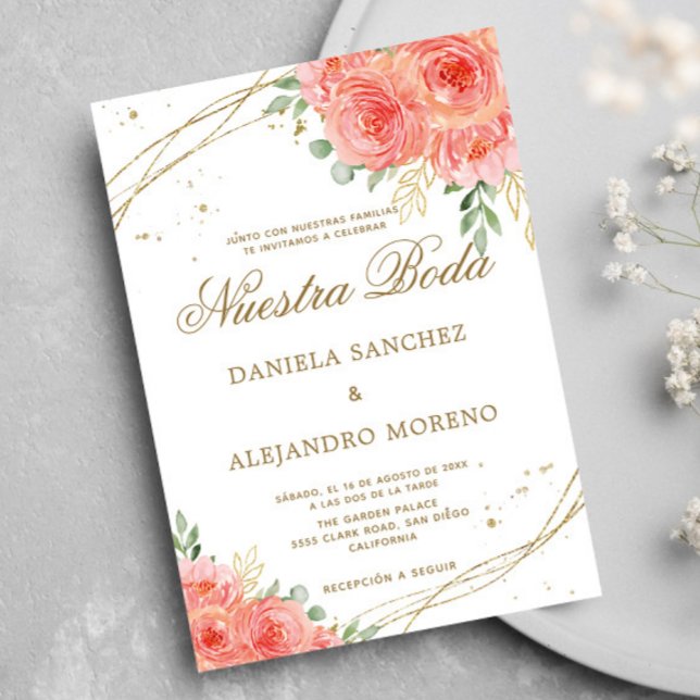 Convite Peach Floral Dourada Nuestra Boda Casamento Espanh (Criador carregado)