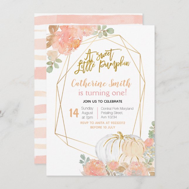 Convite Peach Floral Dourado Pumpkin primeiro aniversario (Frente/Verso)
