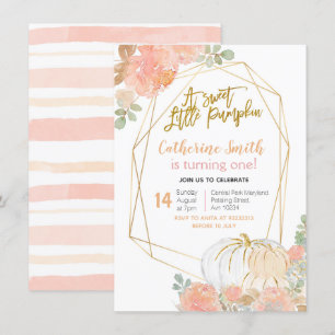 Convite Peach Floral Dourado Pumpkin primeiro aniversario