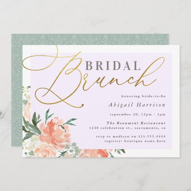Convite Peach Floral Dourado Script Bridal Bridal Brunch (Frente/Verso)