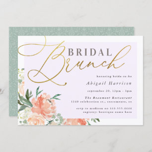 Convite Peach Floral Dourado Script Bridal Bridal Brunch