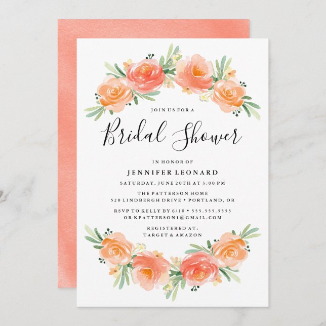 Convite Peach Floral Garden | Chá de panela (Frente/Verso)