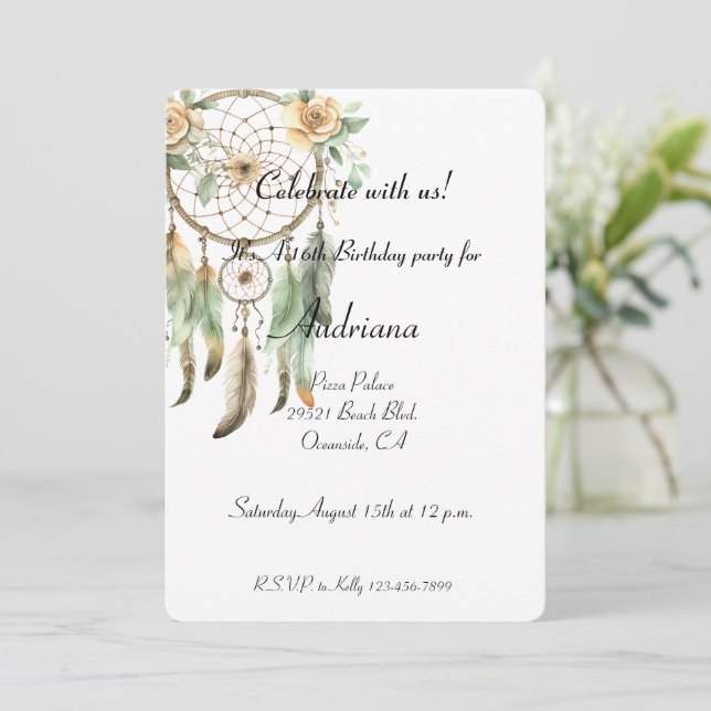 Convite Peach Floral Green Drecher Catcher Birthday (Em pé/Frente)