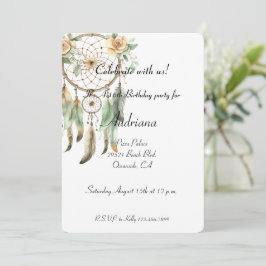Convite Peach Floral Green Drecher Catcher Birthday