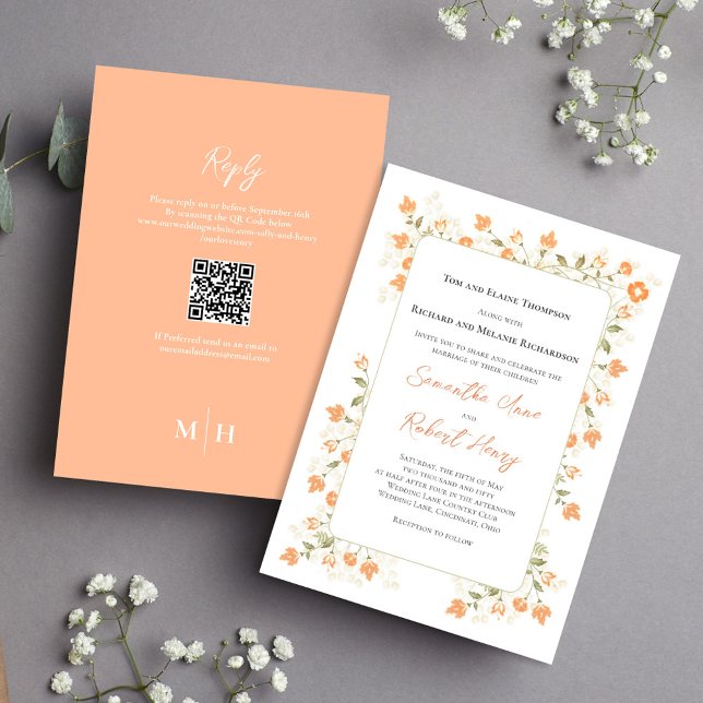 Convite Peach Floral Greenery Elegante (Elegant peach floral wedding invitation with RSVP and QR code on the backside. )