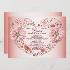 Convite Peach Floral Heart Modern Bridal Shower Party