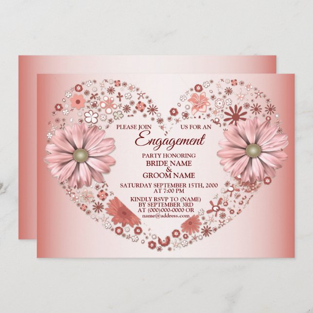 Convite Peach Floral Heart Modern Engagement Party (Frente/Verso)