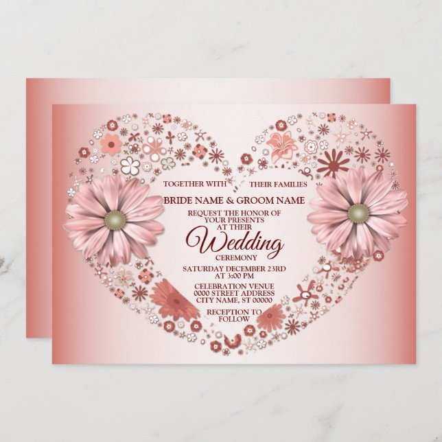 Convite Peach Floral Heart Modern Wedding (Frente/Verso)