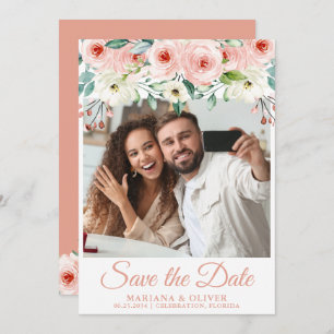 Convite Peach Floral Photo Save the Date Card