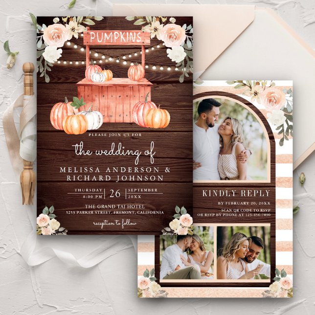 Convite Peach Floral Pumpkin Market QR Code Wood Weding (Criador carregado)